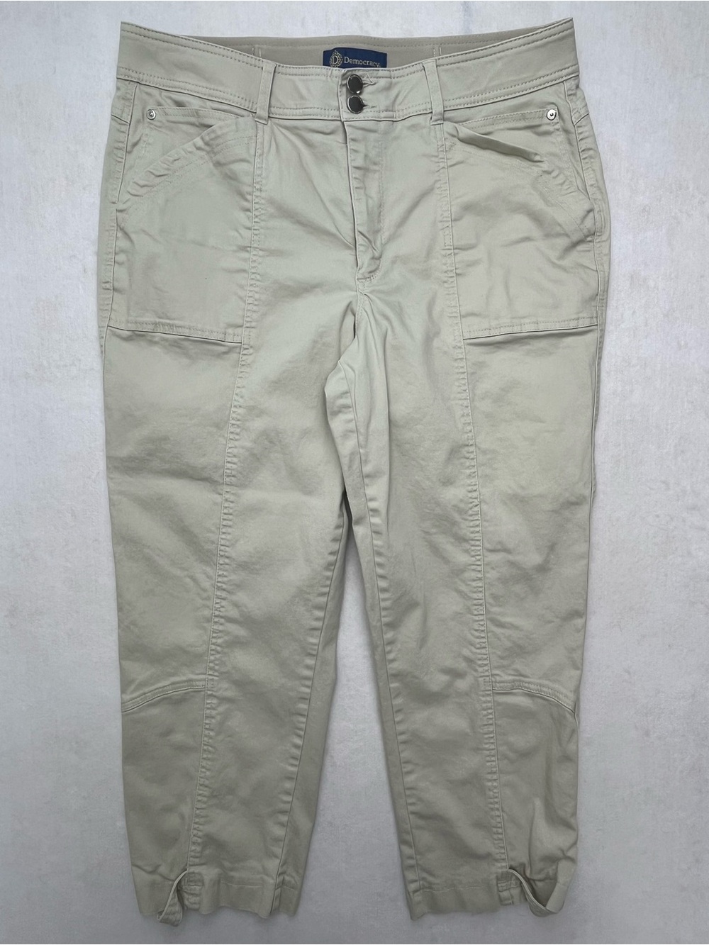 Democracy Ab Solution Women’s Khaki Cinch Waist Snap Hem Crop Pants Size 16